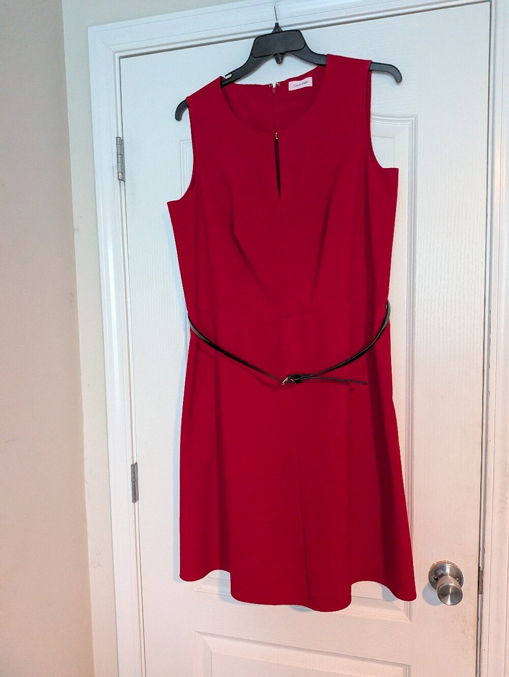 Calvin Klein Sleeveless Red Sheath Dress with Belt